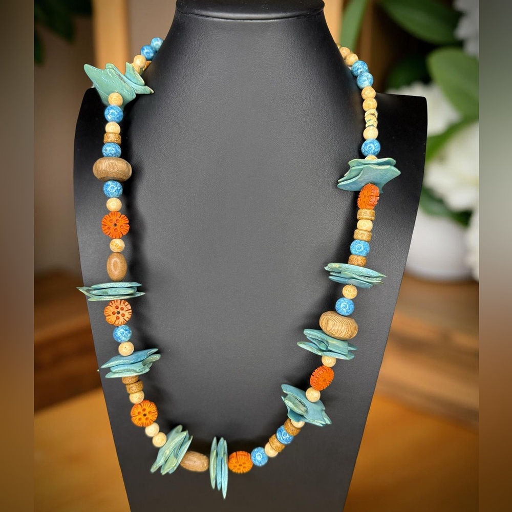 Parrot Turquoise and Orange Beaded Necklace